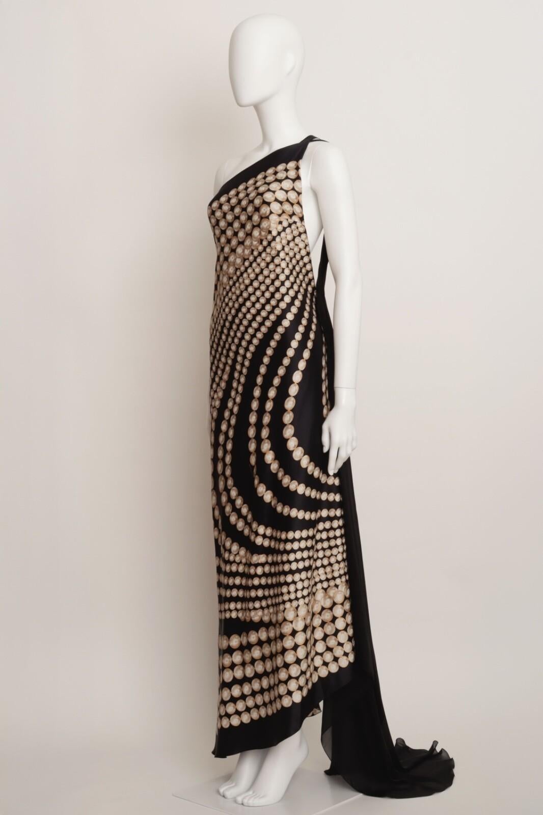 Beige Roberto Cavalli - Robe longue asymétrique en soie noire crème or en vente