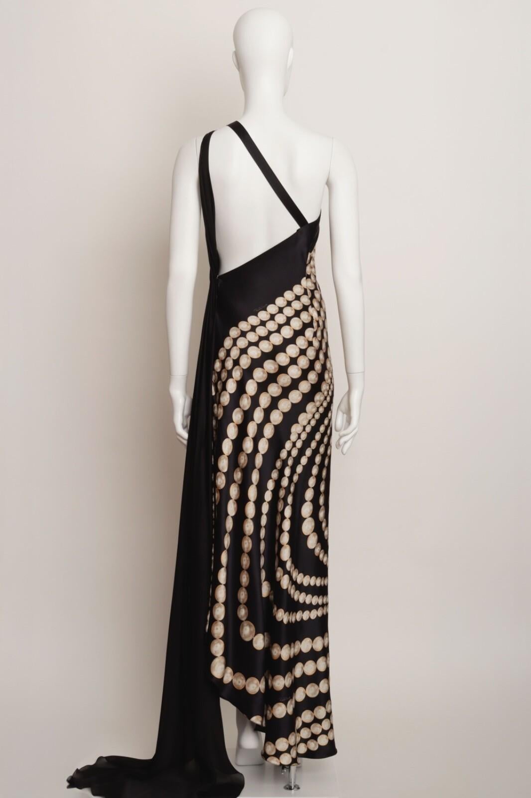 Roberto Cavalli - Robe longue asymétrique en soie noire crème or Bon état - En vente à London, GB