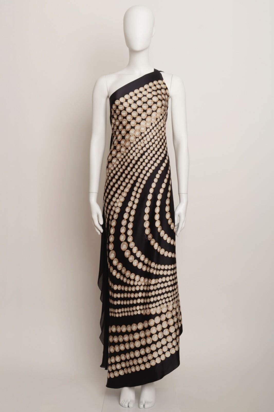 Roberto Cavalli - Robe longue asymétrique en soie noire crème or Pour femmes en vente