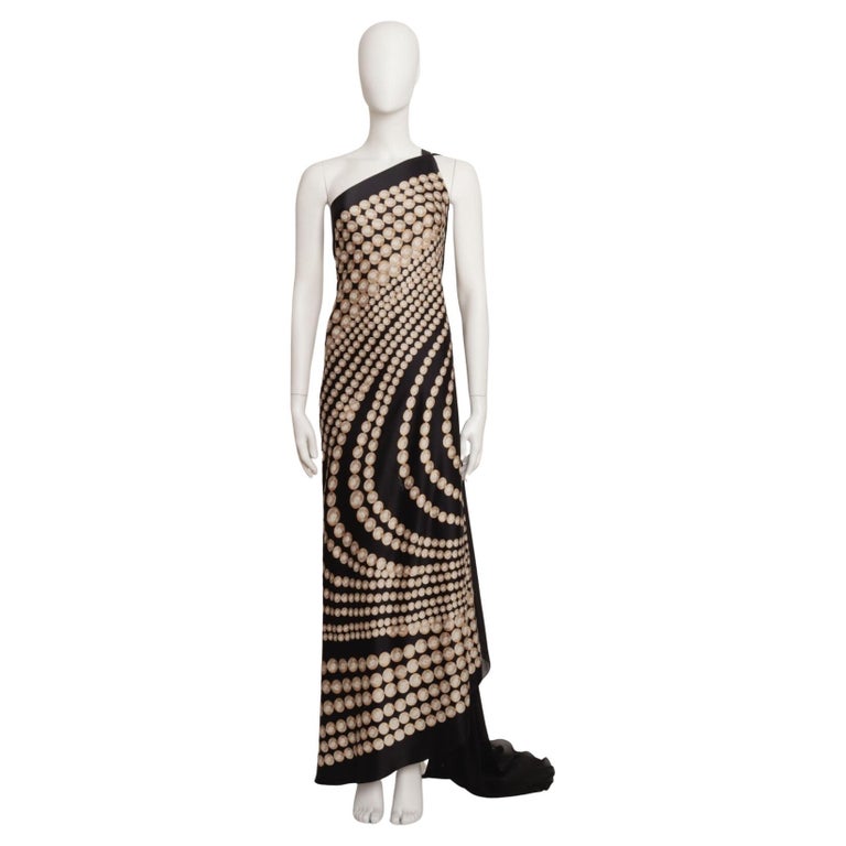 Roberto Cavalli One Shoulder Long Dress in Black Cream Gold Silk For Sale  at 1stDibs