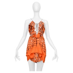 Roberto Cavalli Orange Abstract Printed Mini Dress With Suede Lace Up Front