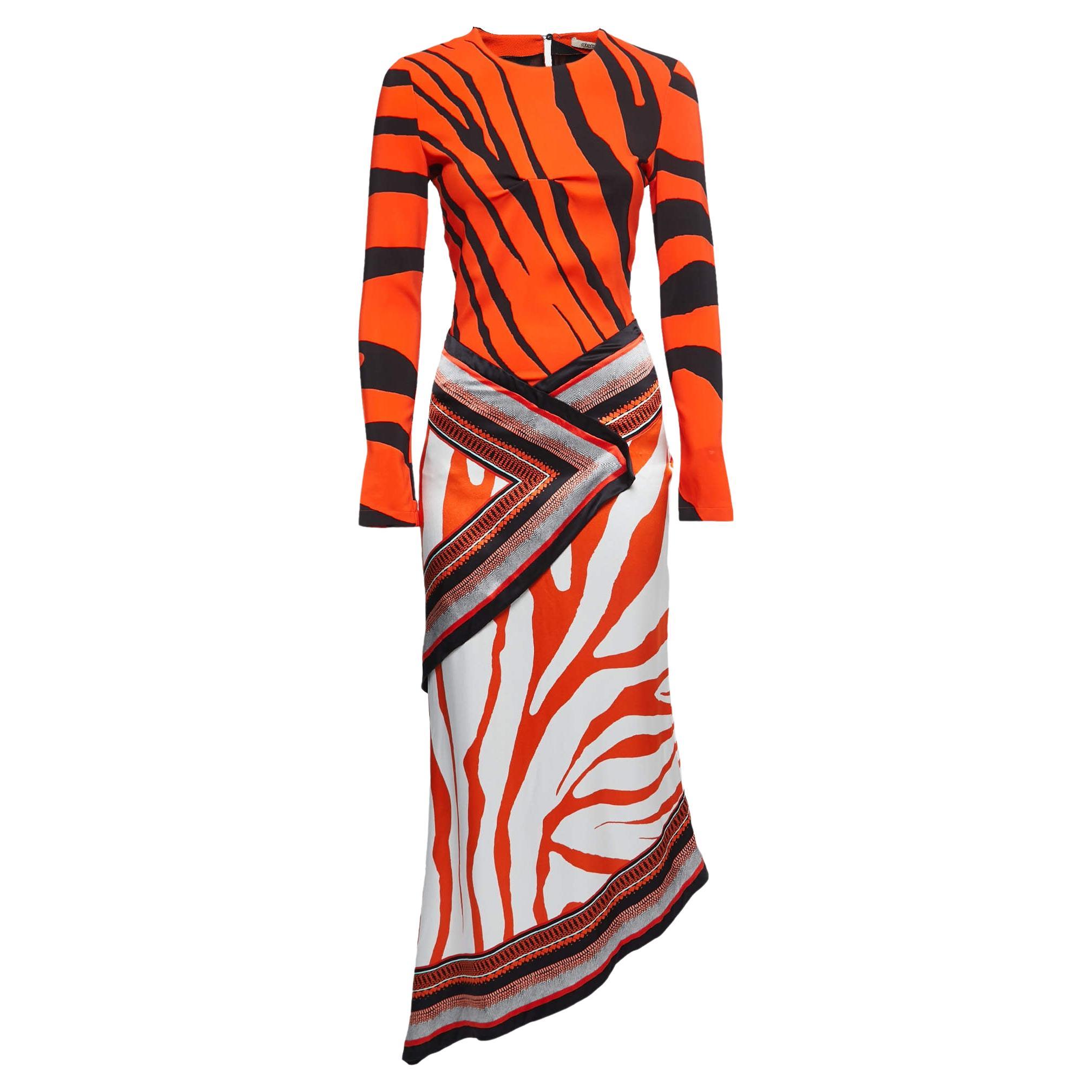 Roberto Cavalli Orange Animal Printed Full Sleeve Draped Asymmetrical Dress S