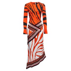 Roberto Cavalli Orange Animal Printed Full Sleeve Draped Asymmetrical Dress S