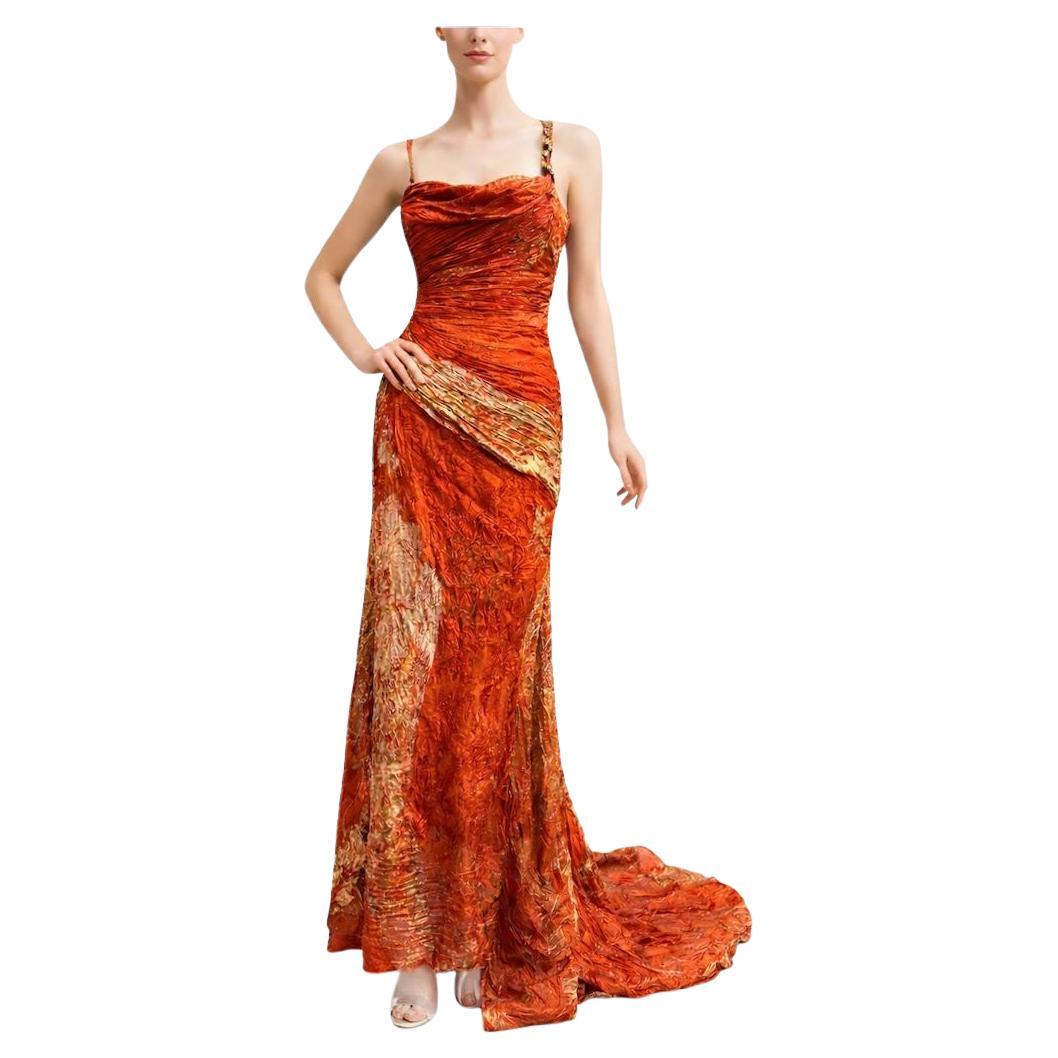 ROBERTO CAVALLI Orange/Gold Silk Foil Print Shirred One Shoulder Gown