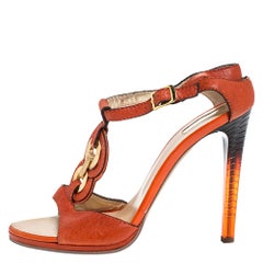 Roberto Cavalli Orange Leather Metal Embellished Ankle Strap Sandals Size 39