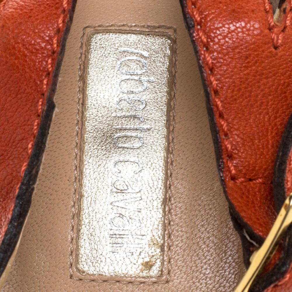 Roberto Cavalli Orange Leather Metal Embellished Ankle Strap Sandals Size 39 For Sale 1