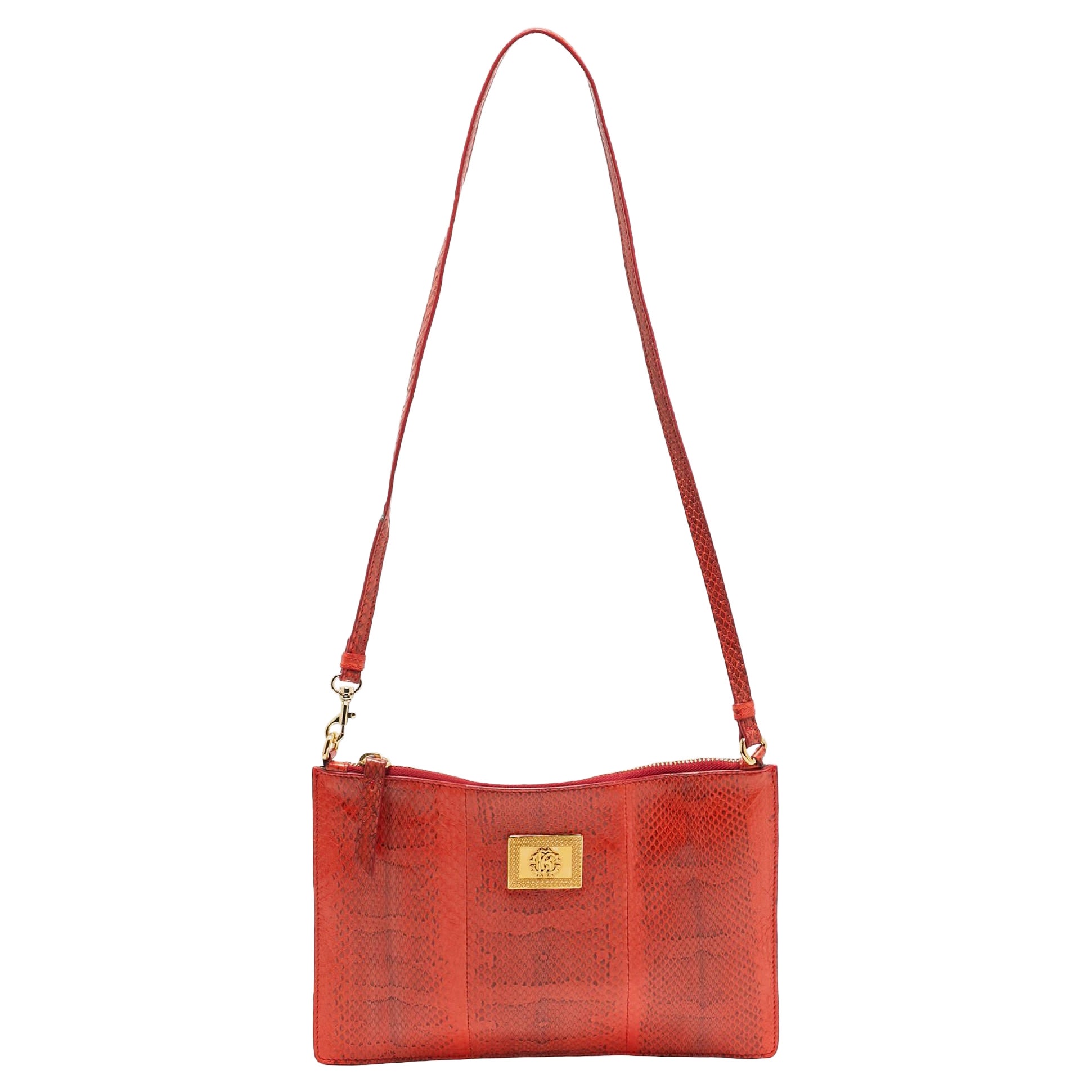 Roberto Cavalli Orange Watersnake Leather Slim Clutch Bag