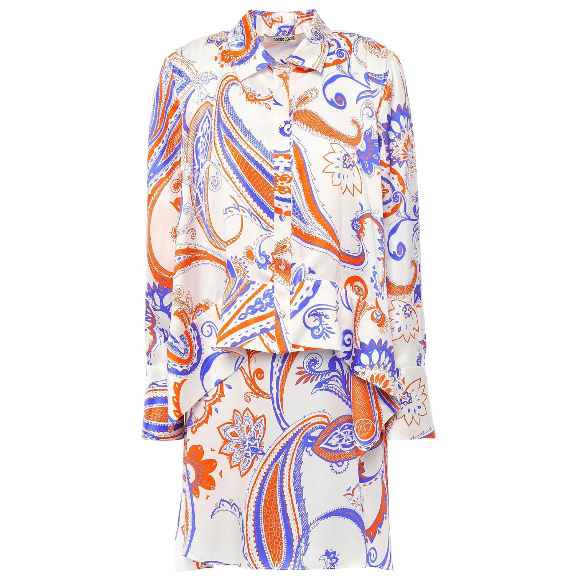 Roberto Cavalli Paisley Asymmetric Layered Long Sleeve Silk Shirt Dress Size 38