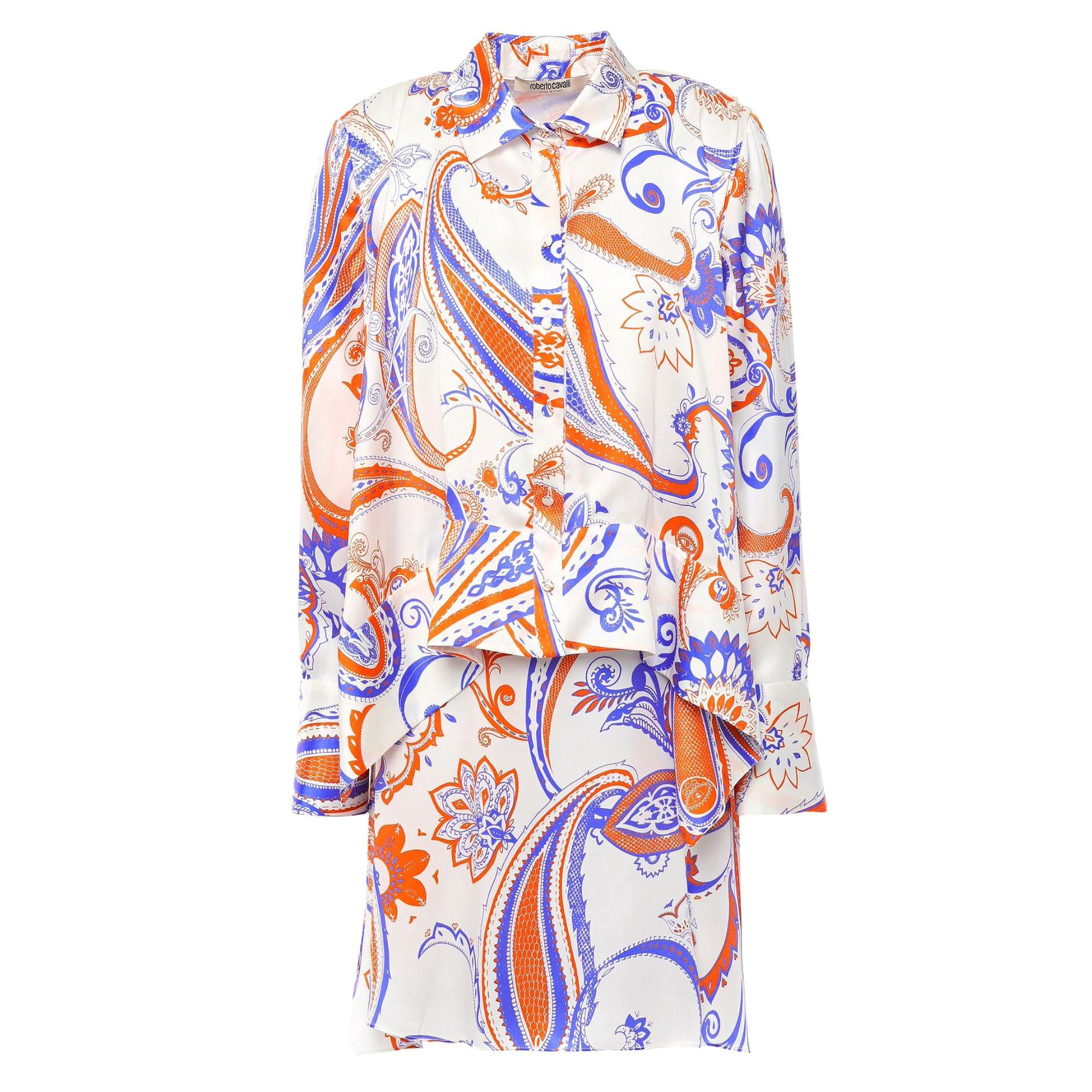 Roberto Cavalli Paisley Asymmetric Layered Long Sleeve Silk Shirt Dress Size 40