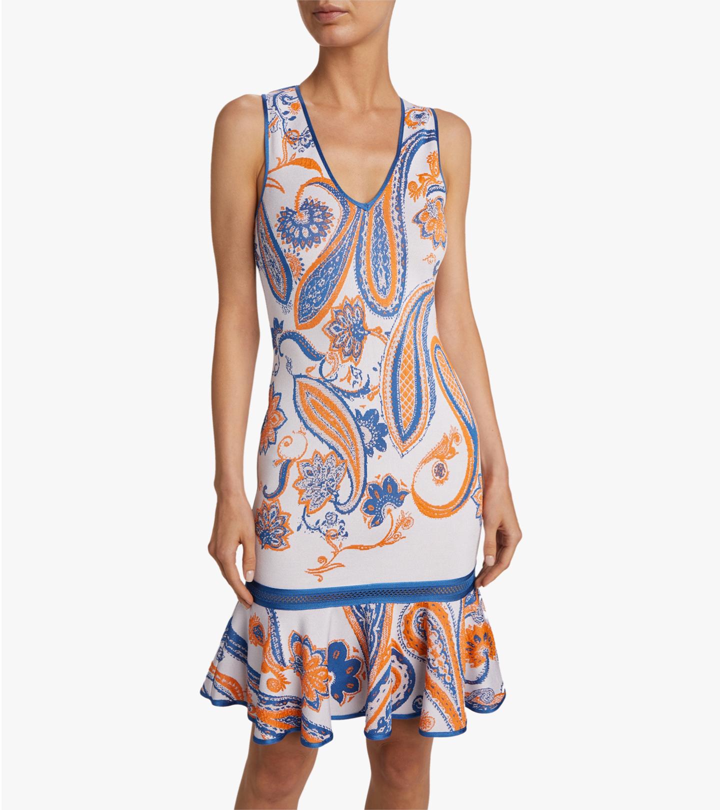 Roberto Cavalli Paisley Jacquard-Strick ärmelloses, tailliertes Cocktailkleid Größe 42 (Beige) im Angebot