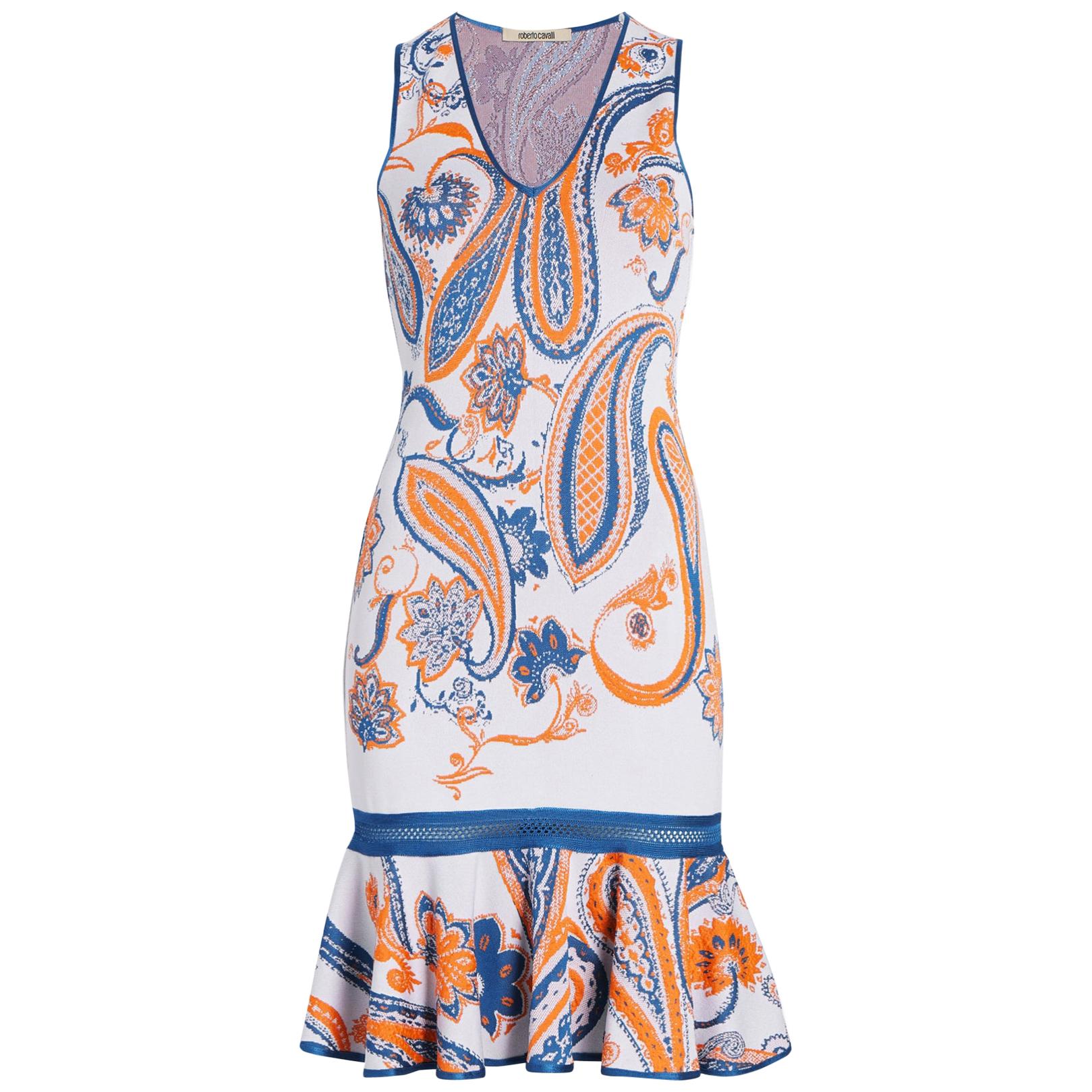 Roberto Cavalli Paisley Jacquard Knit Sleeveless Fitted Cocktail Dress Size 42 For Sale