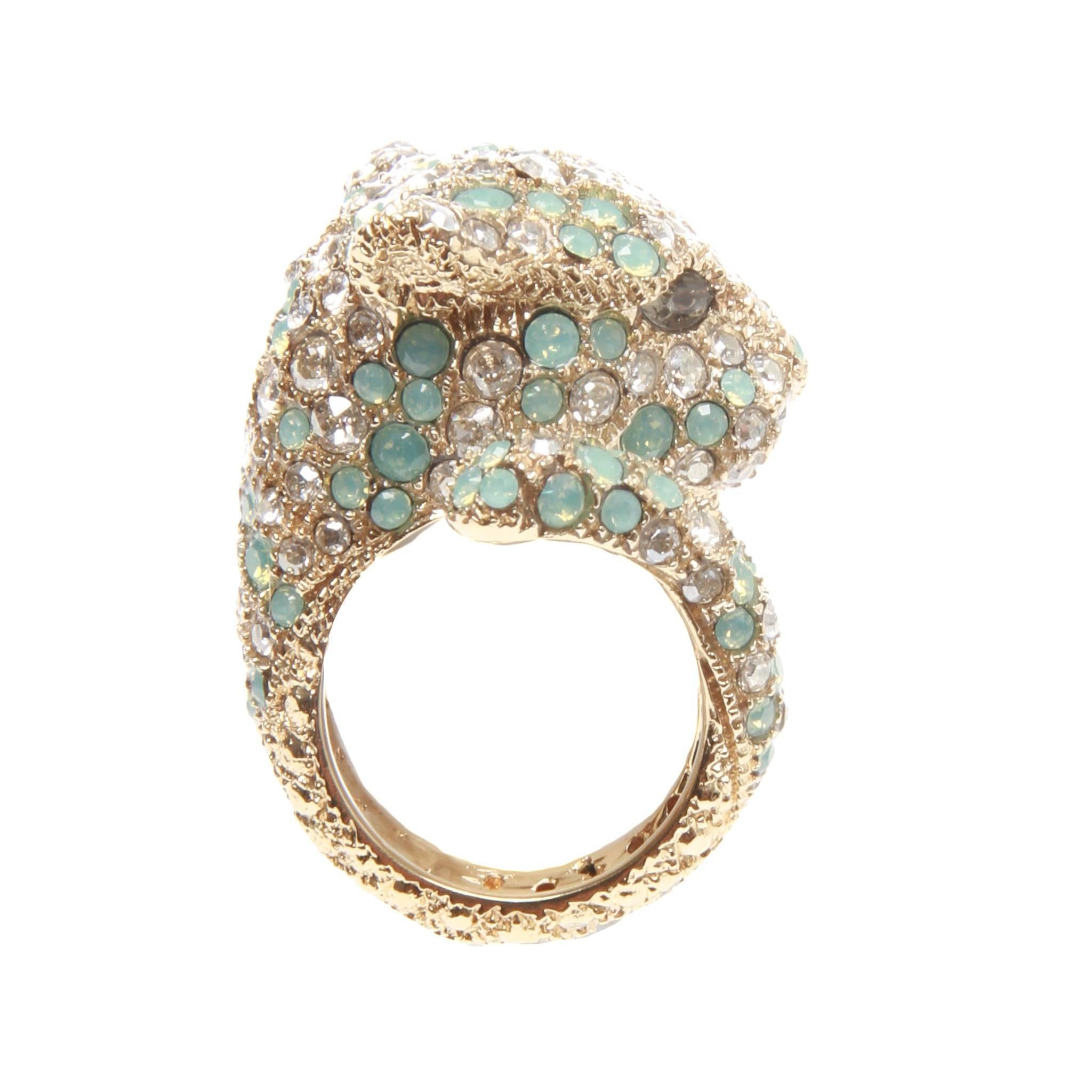 An immaculate turquoise, clear and gold plated brass and gemstone Swarovski panther ring by ROBERTO CAVALLI

Size US 7