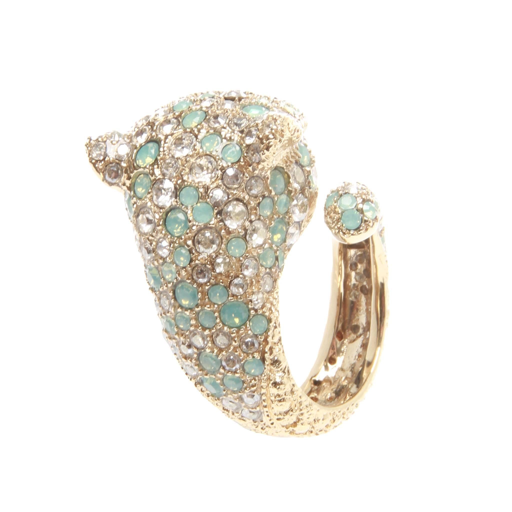 Roberto Cavalli Pale Blue Crystal Encrusted Panther Ring In Excellent Condition In Melbourne, Victoria