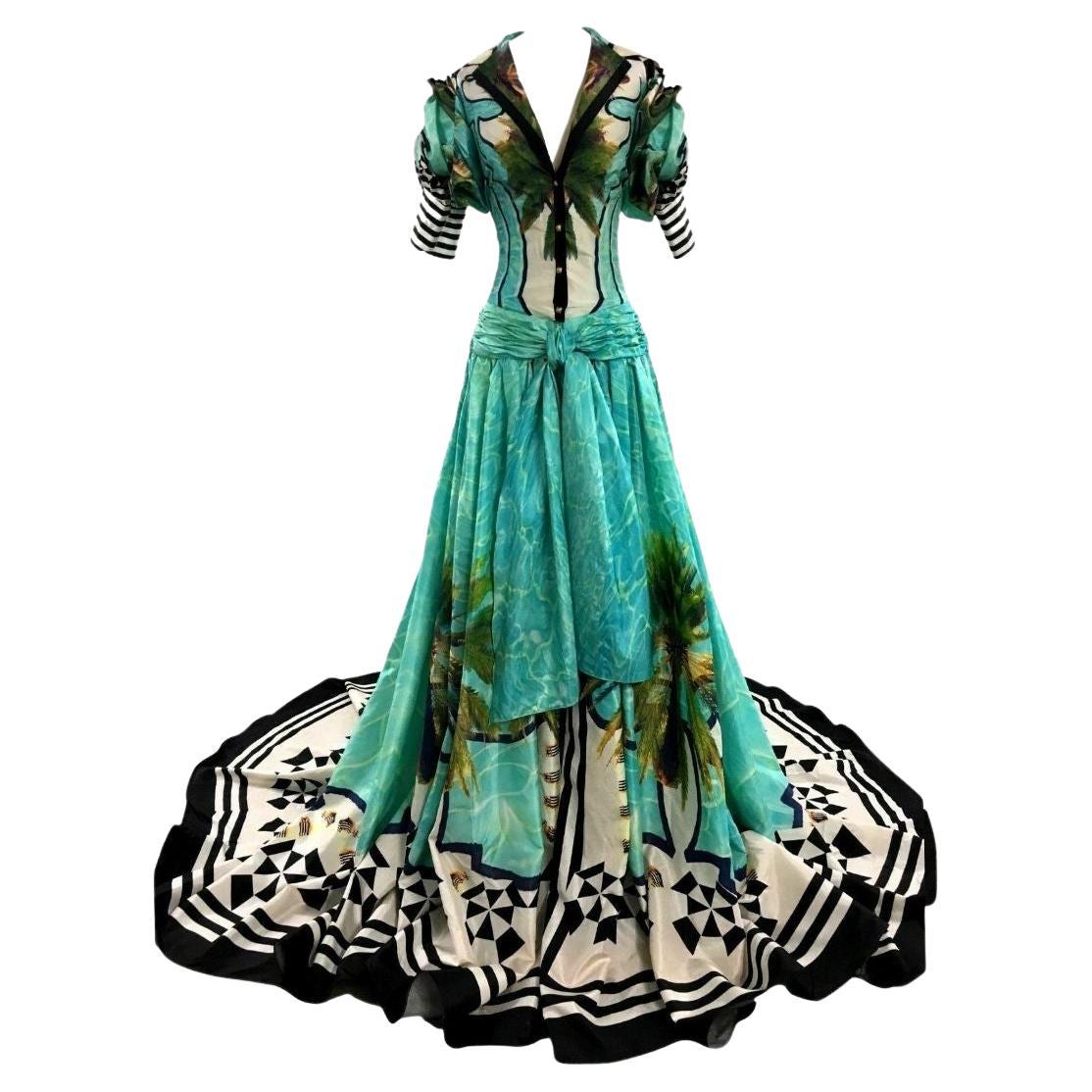 Roberto Cavalli Palm Trees & Turquoise Water Evening Gown S/S 2006 Sz 40IT For Sale
