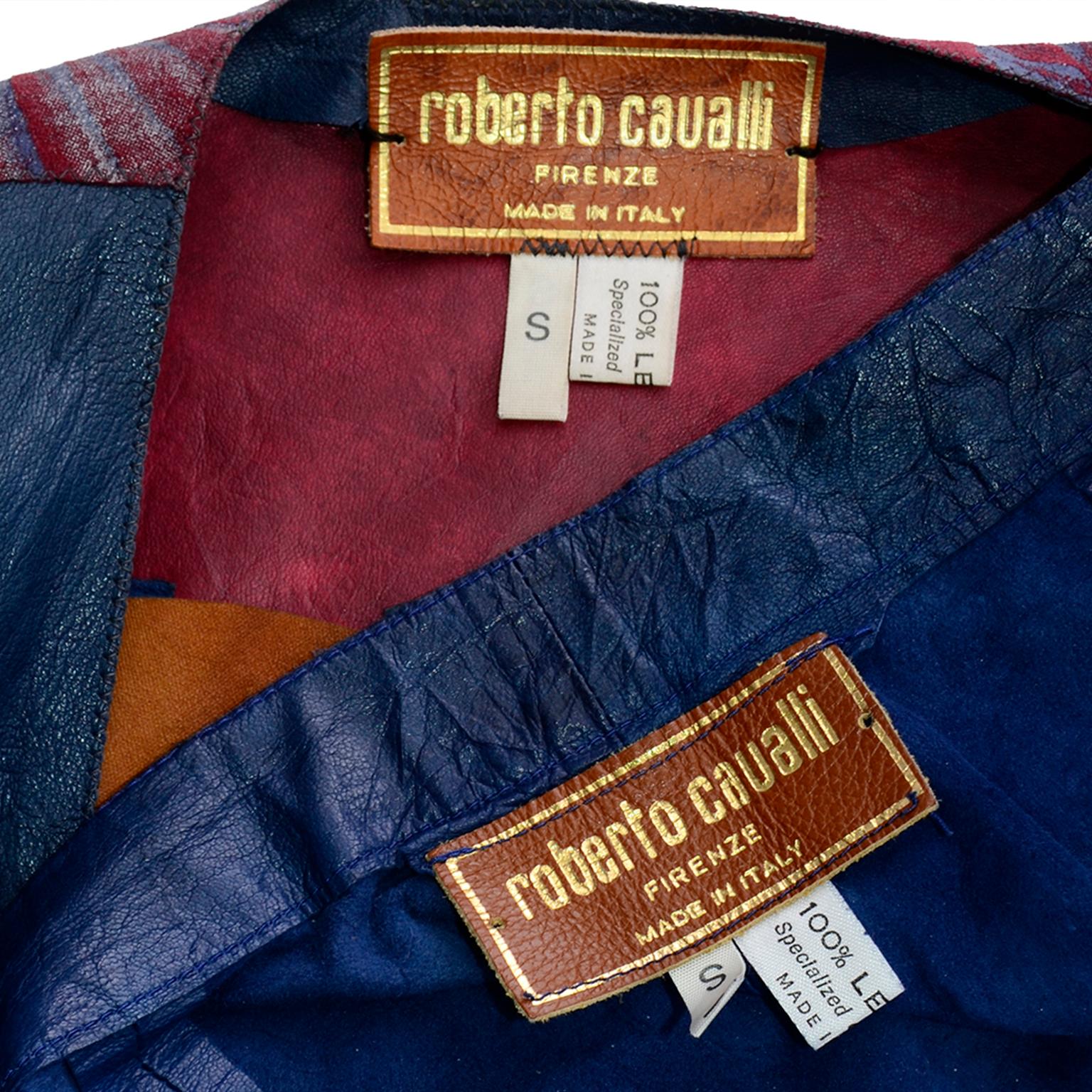 Roberto Cavalli Patchwork Blue Leather Pants & Hand Painted Jacket Suit Outfit For Sale 7