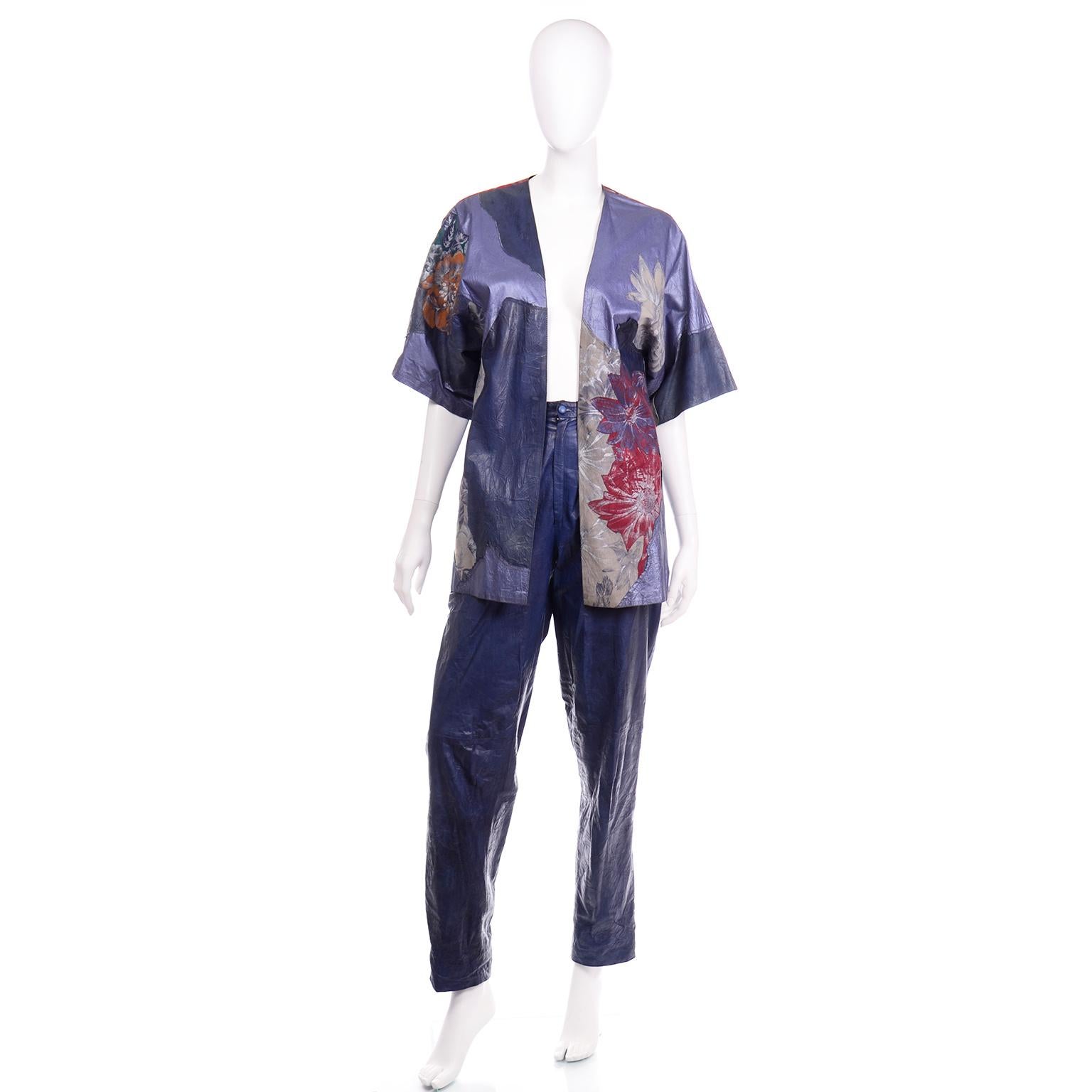 This Incredible blue patchwork style leather ensemble was designed by Roberto Cavalli in the late 1970's or early 1980's. This leather pant suit is made of an ultra soft, lightweight leather in a variety of shades of blue. There are also some