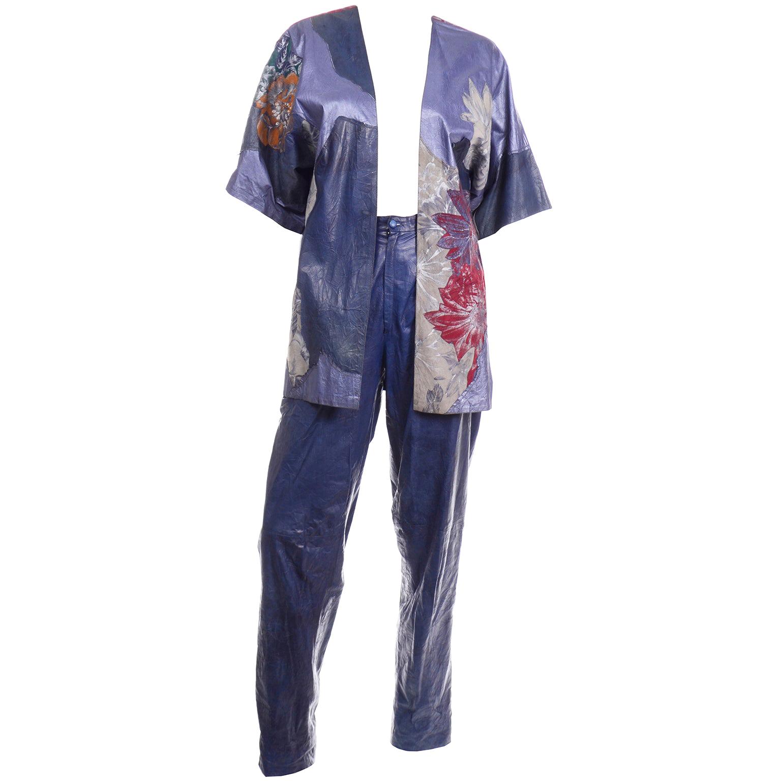 Combinaison pantalon en cuir bleu patchwork et veste peinte à la main Roberto Cavalli
