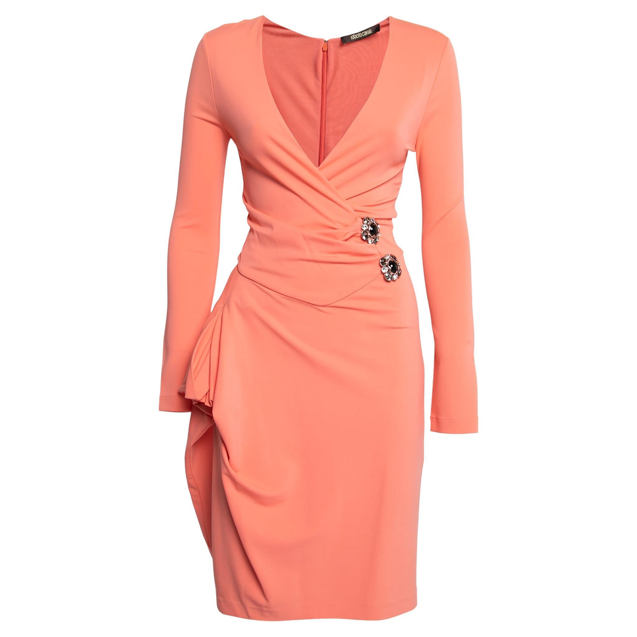 Roberto Cavalli Peach Jersey Embellished Wrap Detail Draped Dress S For Sale