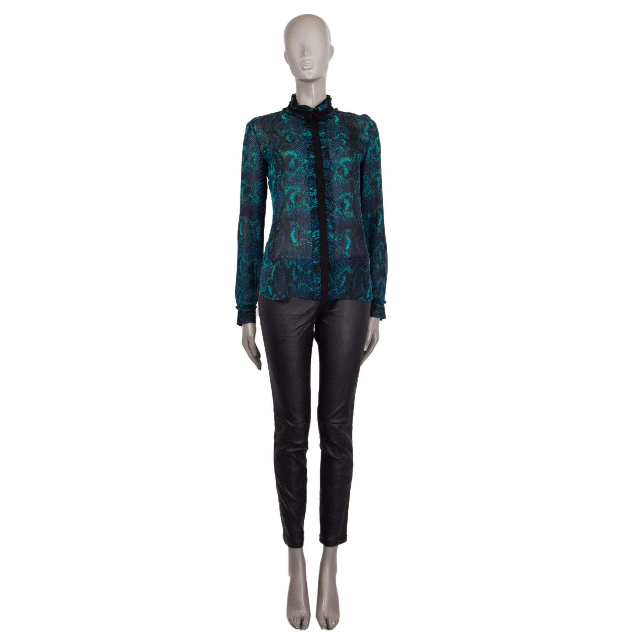 100% authentic Roberto Cavalli, pleated, snake print blouse in black, blue and sea foam silk (100%). WIth front panel. Closes with buttons on the front and on cuffs. Has a bowed mock neck. Unlined. Has been worn and is in excellent condition.