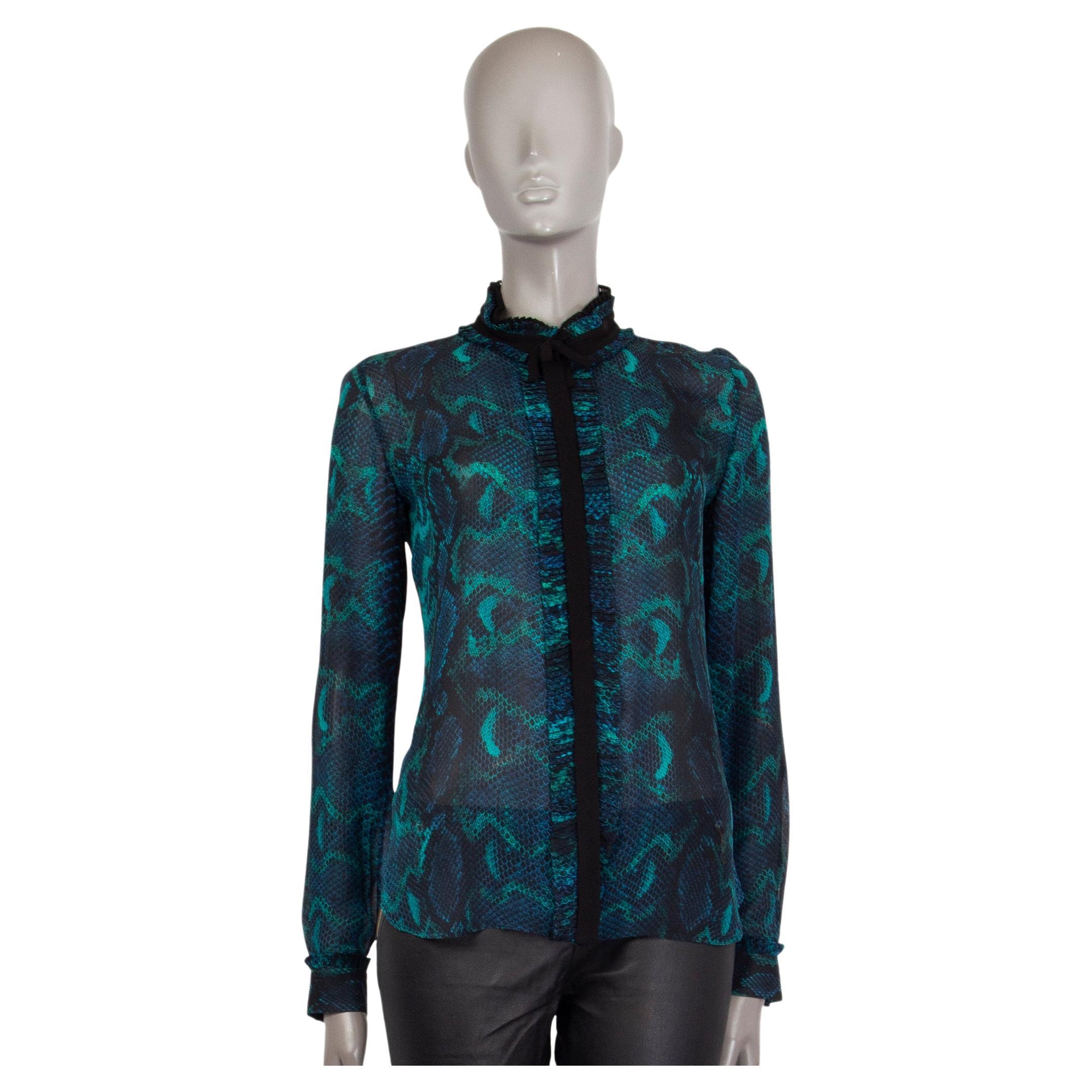ROBERTO CAVALLI petrol blue turquoise silk SHEER SNAKE PRINT Blouse Shirt 38 XS For Sale