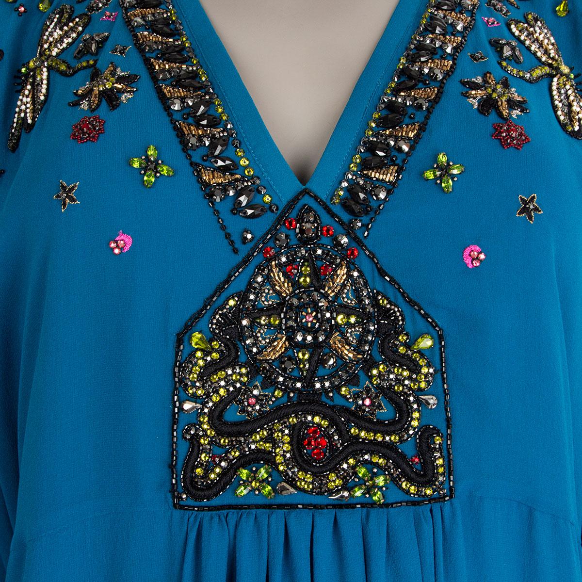 Women's ROBERTO CAVALLI petrol silk CRYSTAL EMBELLISHED Kaftan Dress 38 XS For Sale