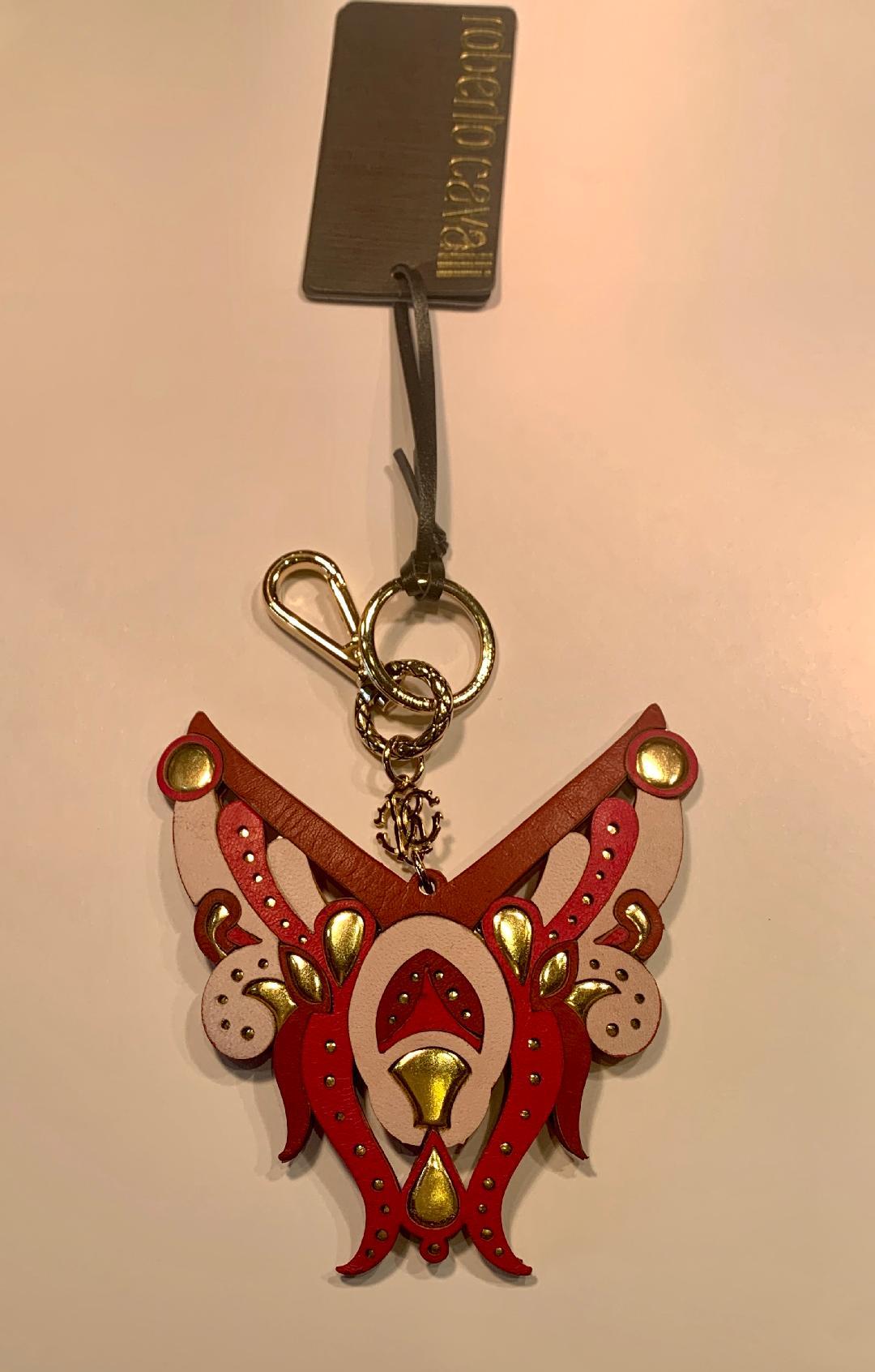 Striking and unusual, hand made in Italy, designer Roberto Cavalli, leather key holder, key chain, or purse charm in beautiful shades of pink and metallic gold.  Accent that special purse to make it stand out or just use it for your keys. Very