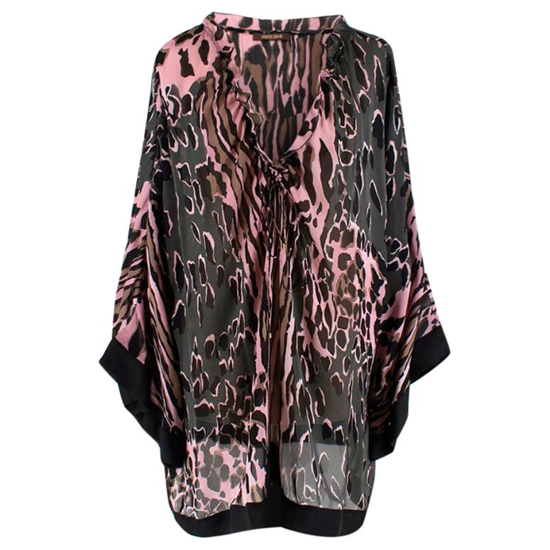 Roberto Cavalli Pink and Grey Animal Print Silk Blouse - Size US 8 For Sale