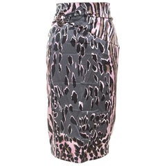 Roberto Cavalli Pink and Grey Animal Print Silk Midi Skirt M