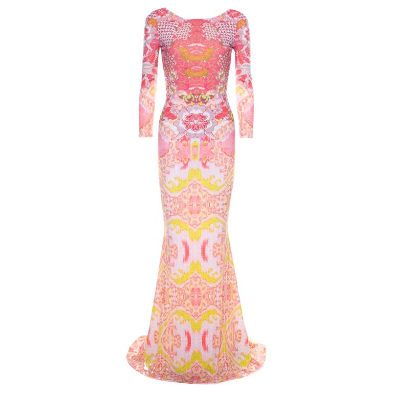 Roberto Cavalli Pink and Yellow Floral Print Ruched Bodice Maxi Dress S
