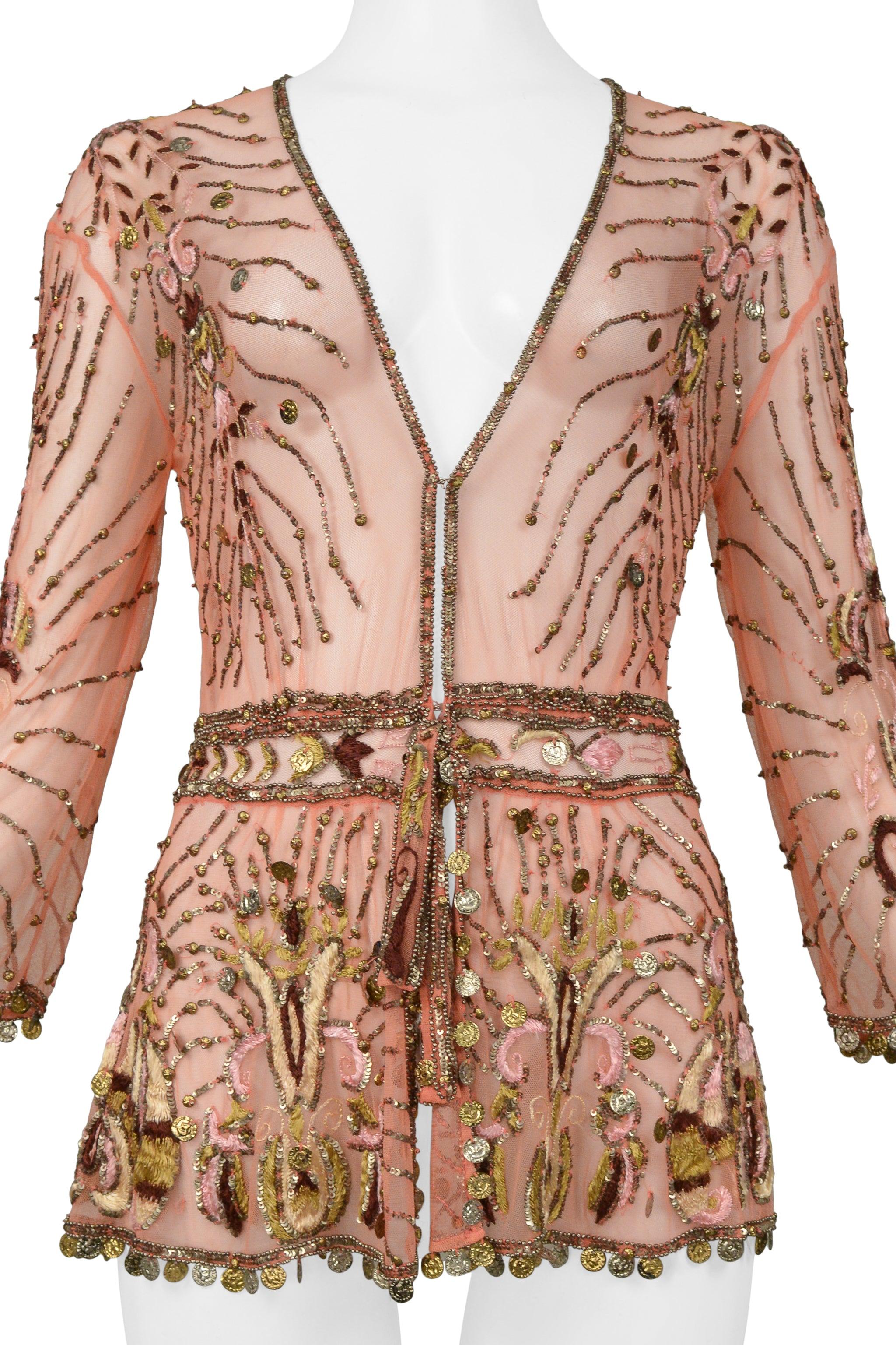 Beige Roberto Cavalli Pink Beaded & Embroidered Mesh Fancy Jacket With Gold Coins 2004