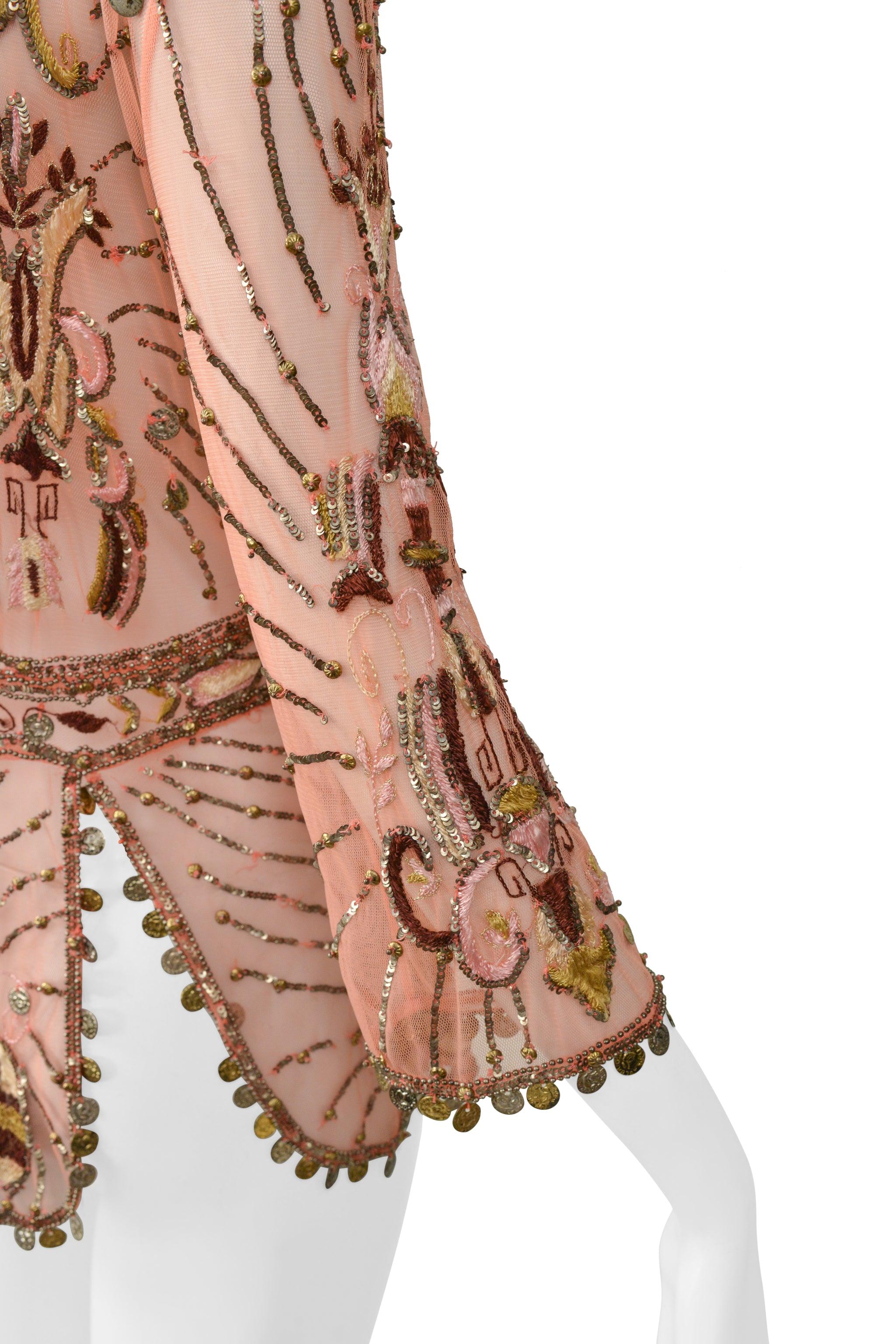 Roberto Cavalli Pink Beaded & Embroidered Mesh Fancy Jacket With Gold Coins 2004 In Excellent Condition In Los Angeles, CA