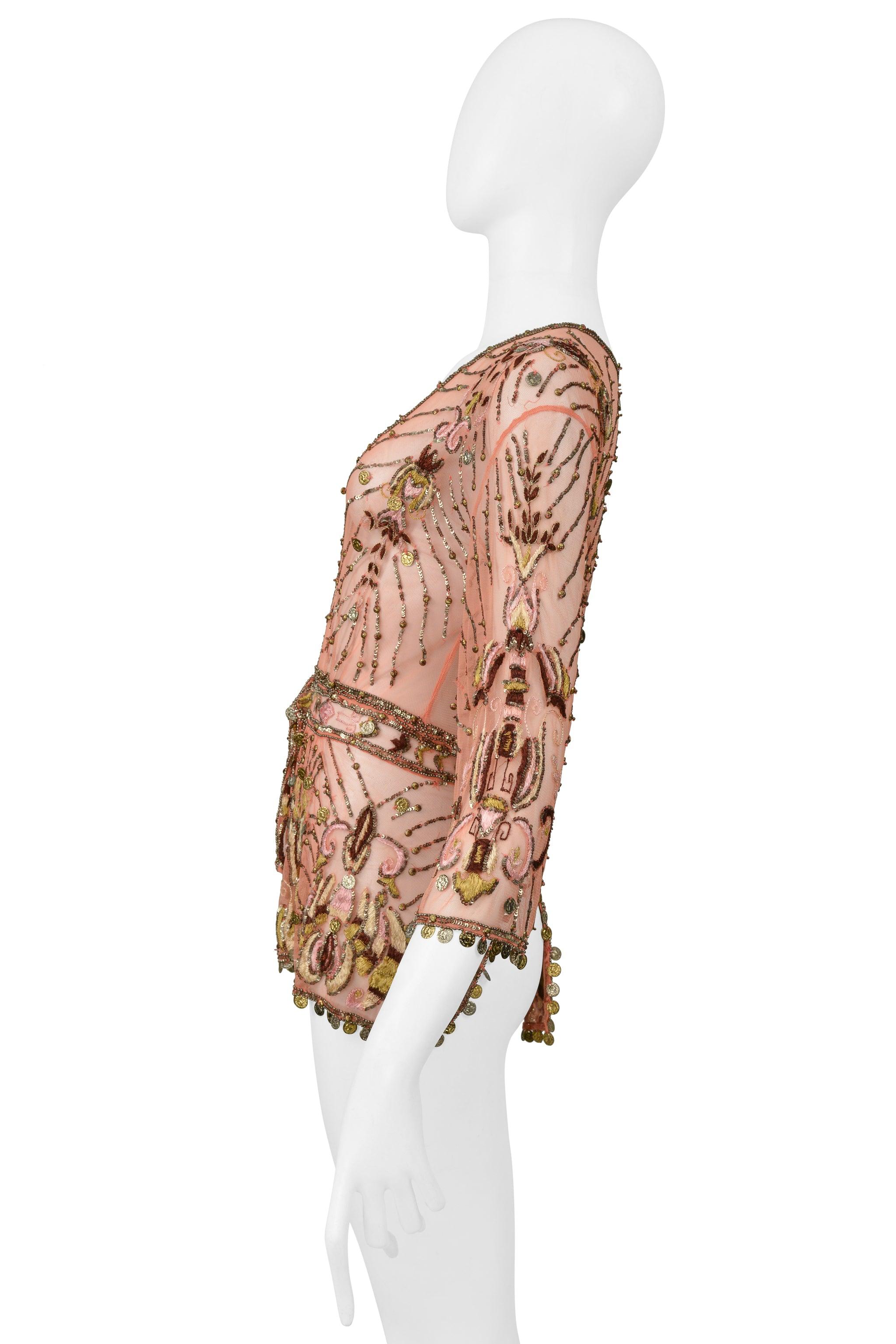 Women's Roberto Cavalli Pink Beaded & Embroidered Mesh Fancy Jacket With Gold Coins 2004