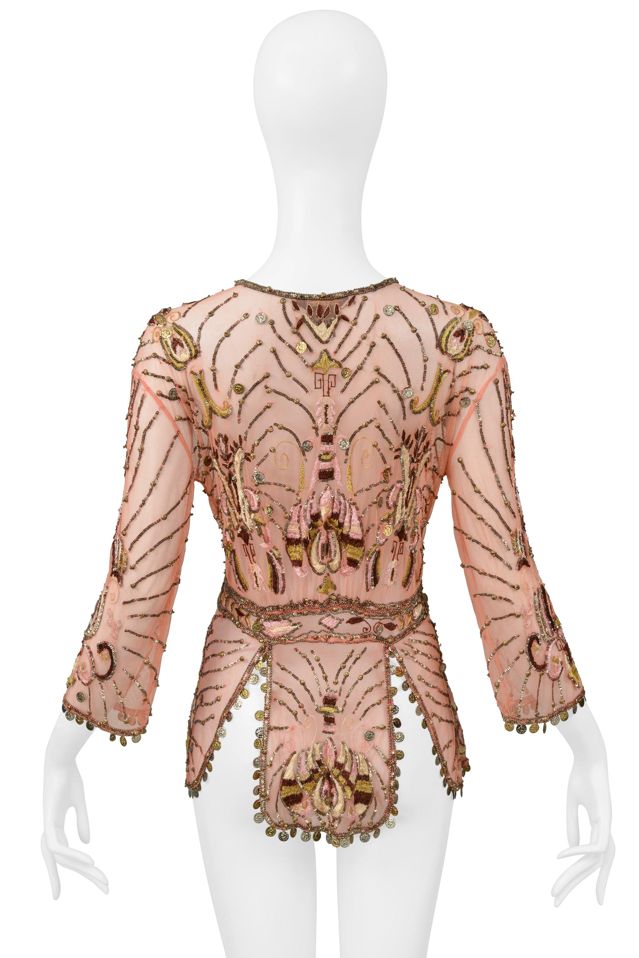 Roberto Cavalli Pink Beaded & Embroidered Mesh Fancy Jacket With Gold Coins 2004 3
