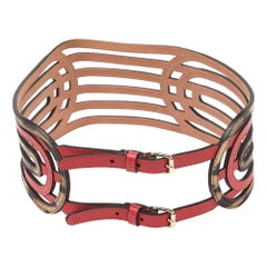 Roberto Cavalli Pink/Beige Leopard Print Leather Strappy Wide Belt 75CM