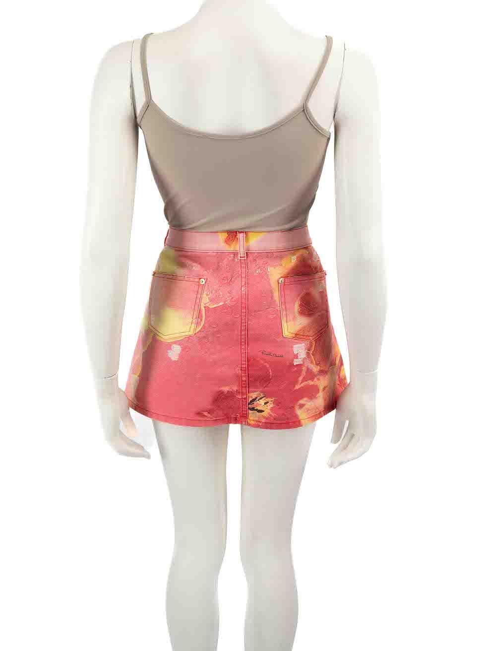 Roberto Cavalli Pink Denim Floral Printed Skirt Size M In Excellent Condition For Sale In London, GB