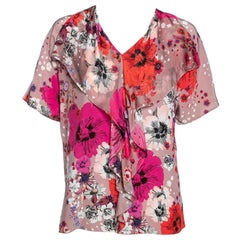 Roberto Cavalli Pink Floral Printed Silk Front Ruffle Detail Top M