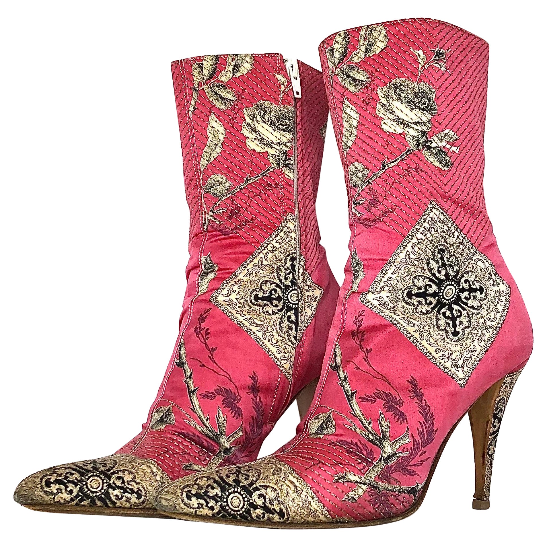 Roberto Cavalli Rosa Patchwork Blumendruck Spitz zulaufende Stiefel mit Absatz 40