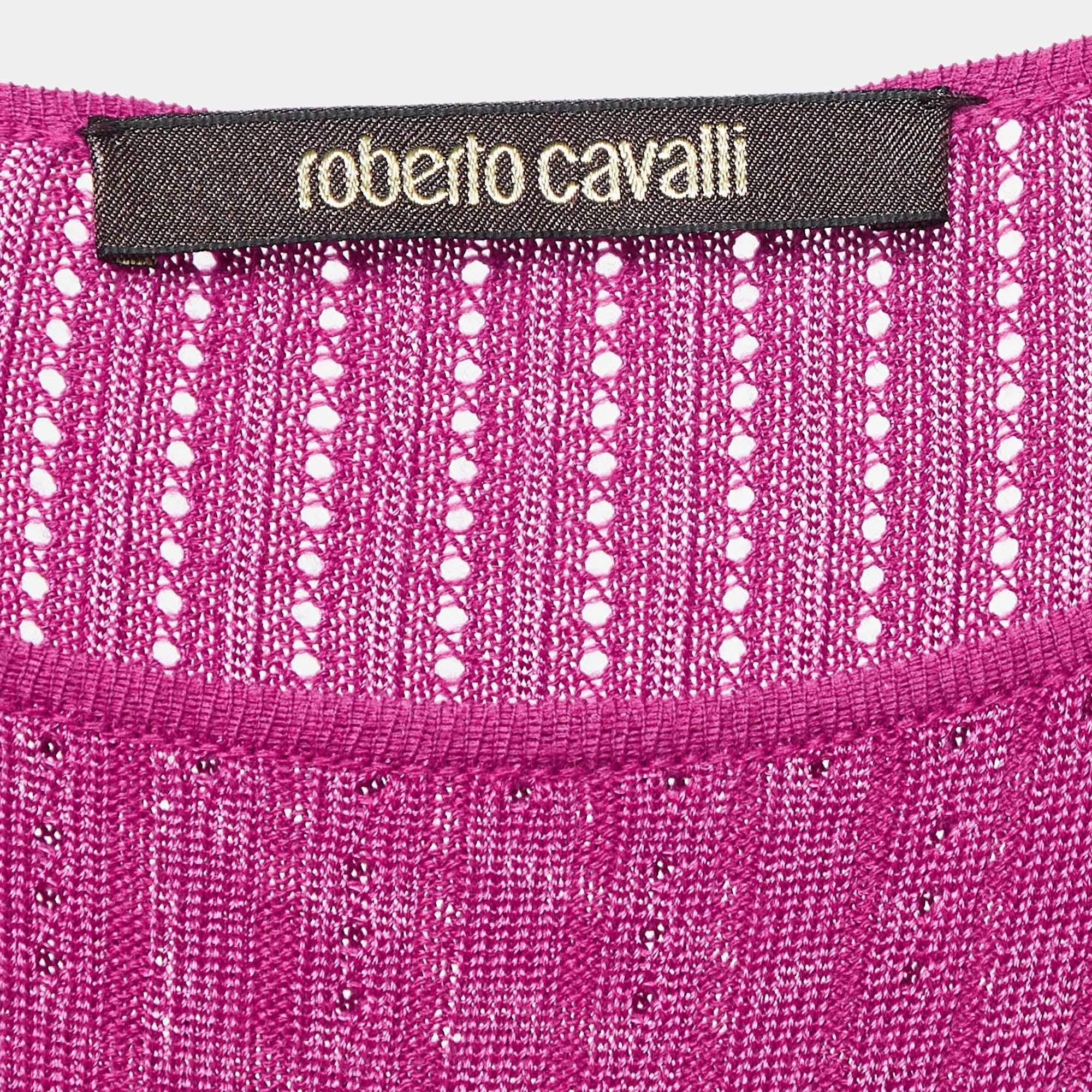 Roberto Cavalli Pink Pointelle Knit Dolman Sleeve Mini Dress M For Sale 2