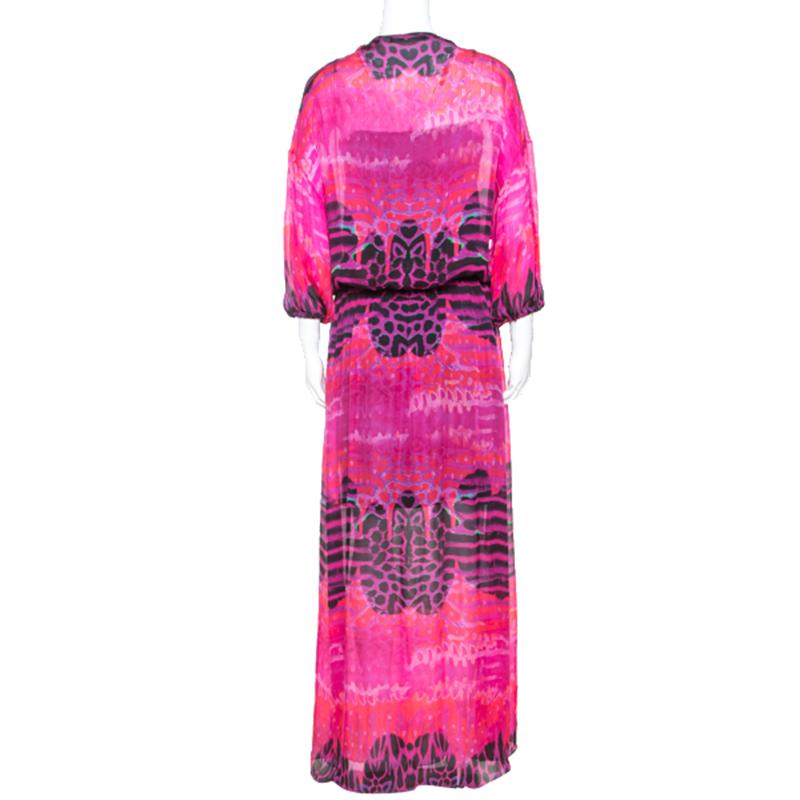 Roberto Cavalli Pink Printed Chiffon Embellished Neckline Detail Maxi Dress S In Good Condition In Dubai, Al Qouz 2