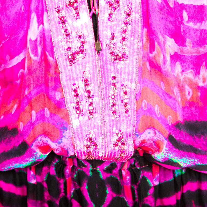 Women's Roberto Cavalli Pink Printed Chiffon Embellished Neckline Detail Maxi Dress S