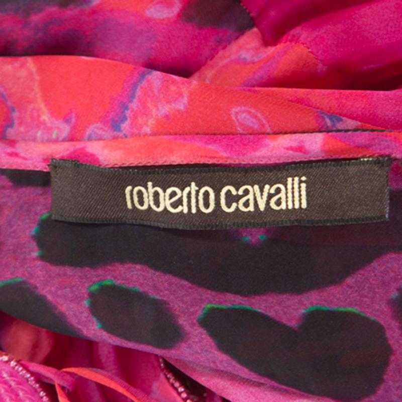 Roberto Cavalli Pink Printed Chiffon Embellished Neckline Detail Maxi Dress S 1