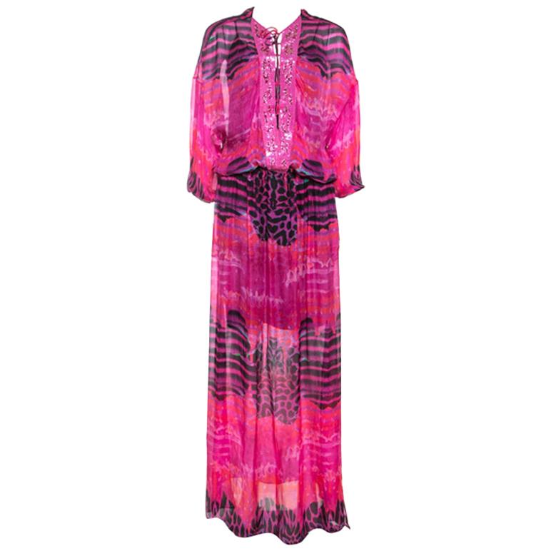 Roberto Cavalli Pink Printed Chiffon Embellished Neckline Detail Maxi Dress S