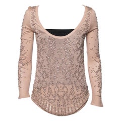 Roberto Cavalli Pink Sequin Embellished Modal Knit Scoop Neck T-Shirt S