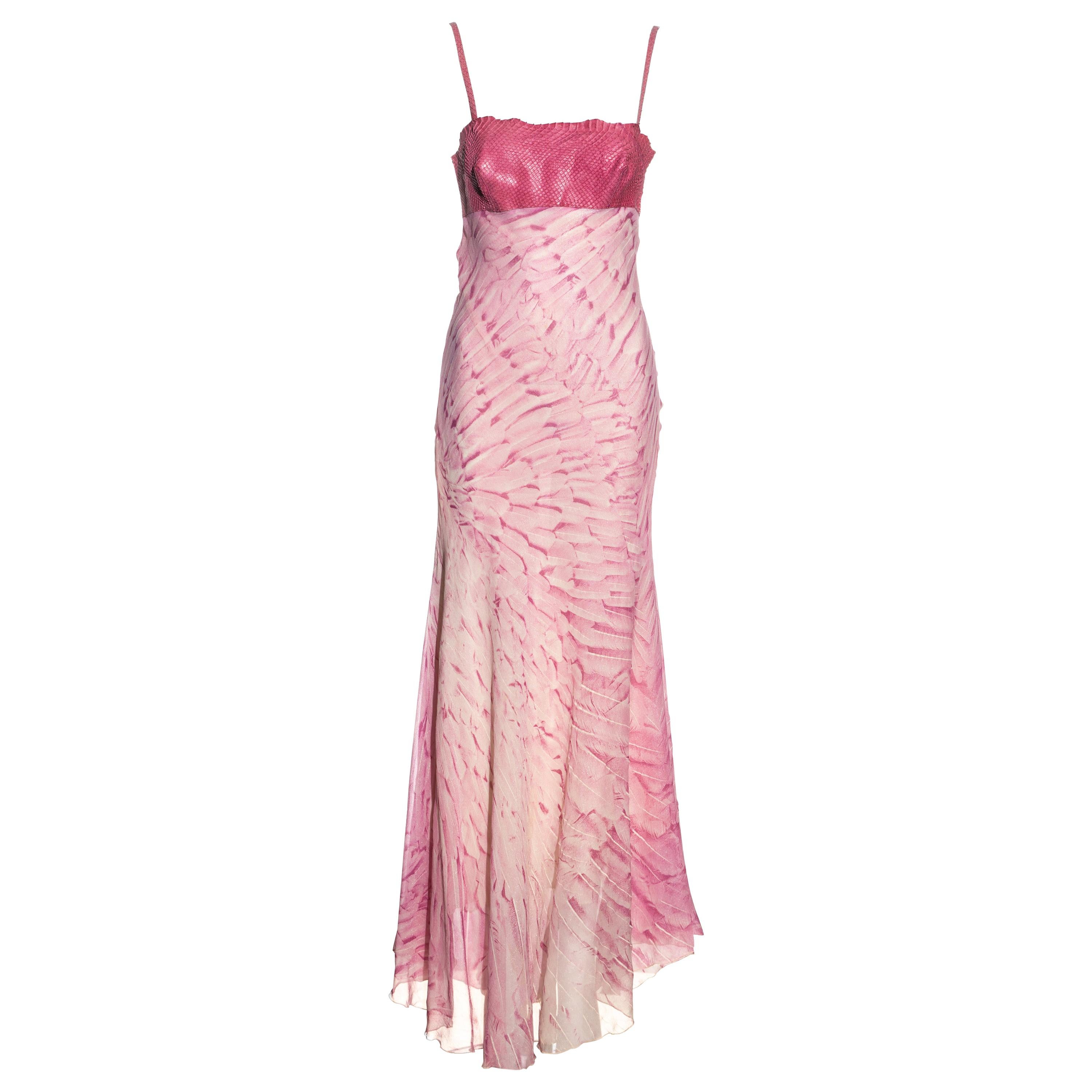 Roberto Cavalli pink silk and snakeskin evening maxi dress, ss 1999 For Sale