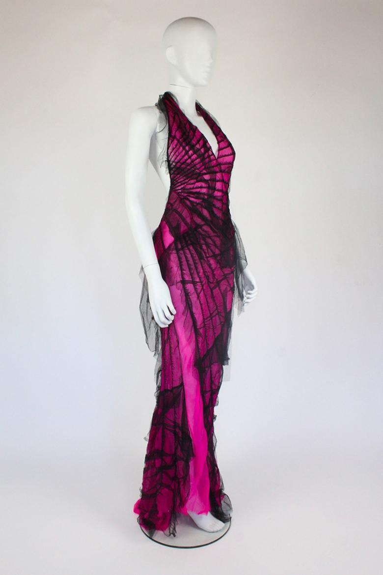 Roberto Cavalli Spring/Summer 2001 dress. Pink silk and black tulle full length gown. As seen on the runway. The black version is held in the Met Museum (Accession Number 2001.776.1). 

Condition
Excellent. Approx 2 small pulls to the black netted