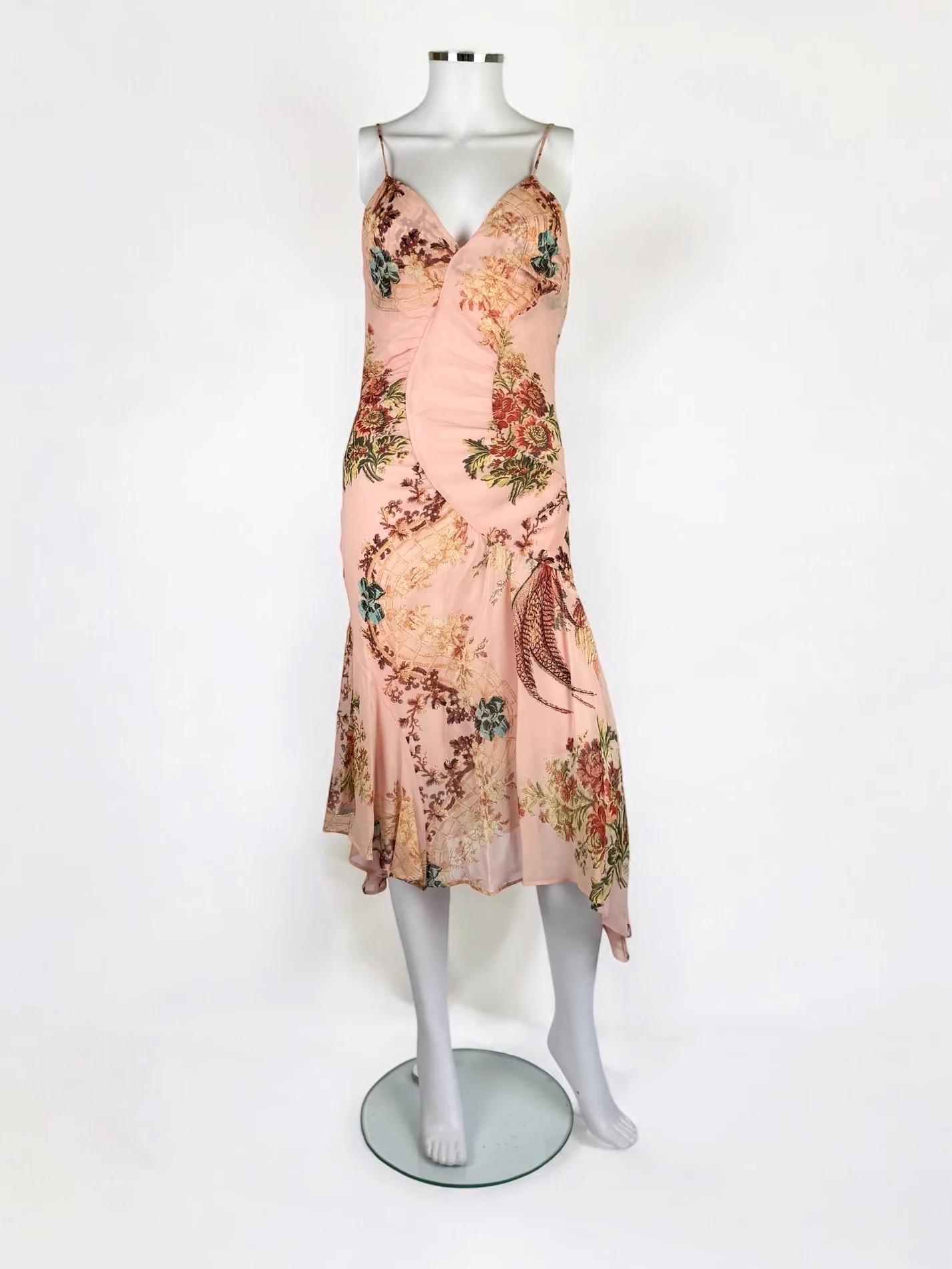 Roberto Cavalli light pink silk dress with floral and pheasant print all over, Spring Summer 2003
Print featured on runway 
100% silk
Hem of varying lengths
Side zip for a snug fit around bodice
Very good vintage condition
Size: Small