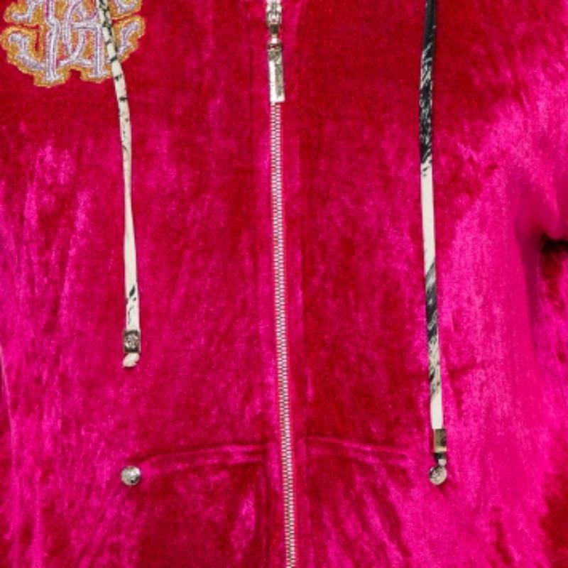 Women's Roberto Cavalli Pink Velour Hooded Zip Front Jacket L For Sale