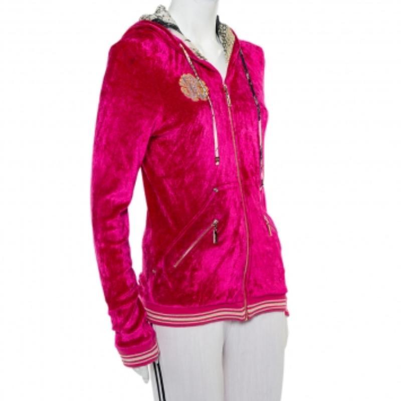Roberto Cavalli Pink Velour Hooded Zip Front Jacket L For Sale 1