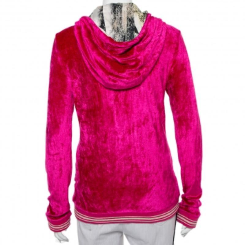 Roberto Cavalli Pink Velour Hooded Zip Front Jacket L For Sale 2