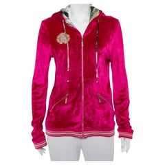 Roberto Cavalli Pink Velour Hooded Zip Front Jacket L
